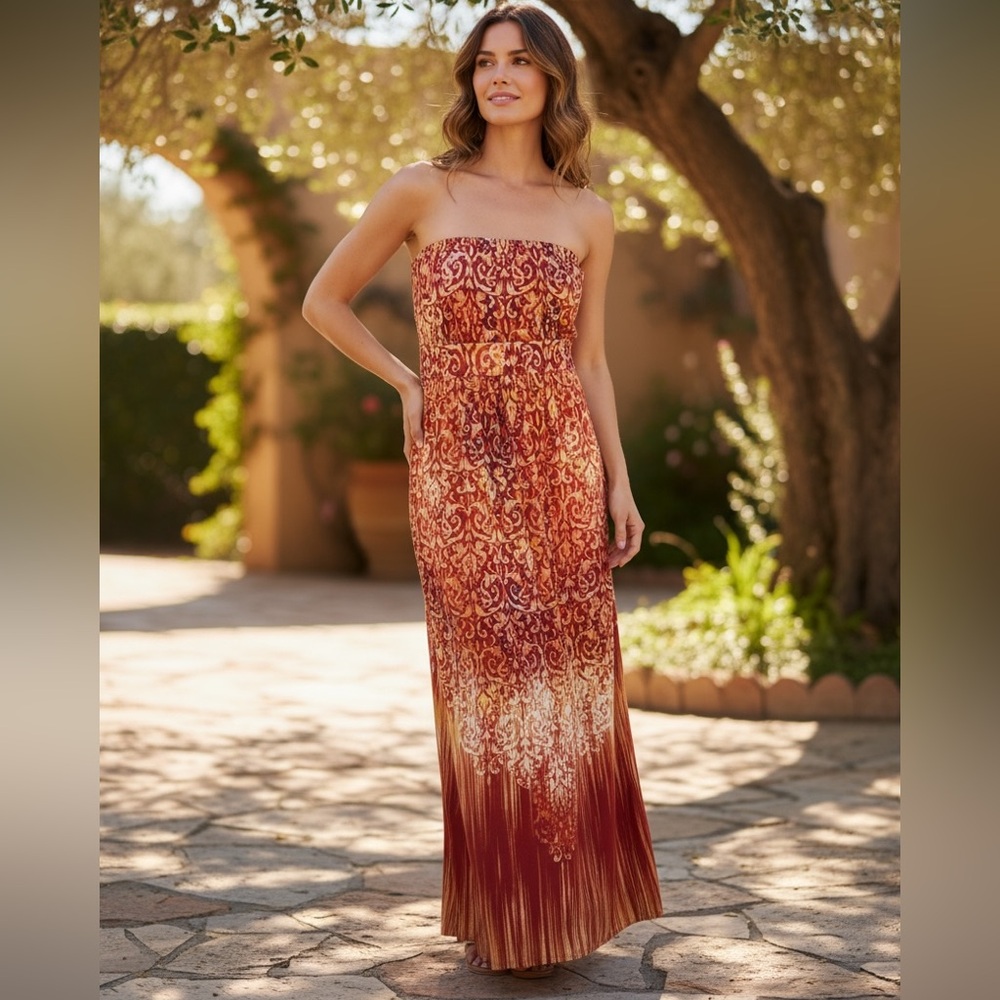 Soma Orange Red Strapless Ruched Maxi Sundress size Large - Picture 6 of 6